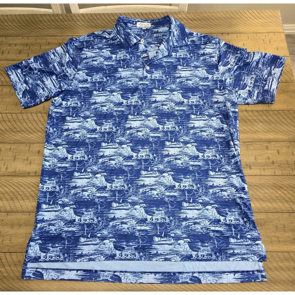 Peter Millar Summer Comfort Men's Large Blue Toile Golf Scenic Polo Shirt L Poly